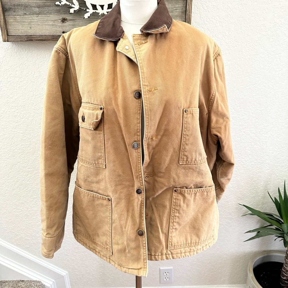 VTG Guide Gear Men's Tan Canvas Field Chore Jacket with Brown Collar Size XL